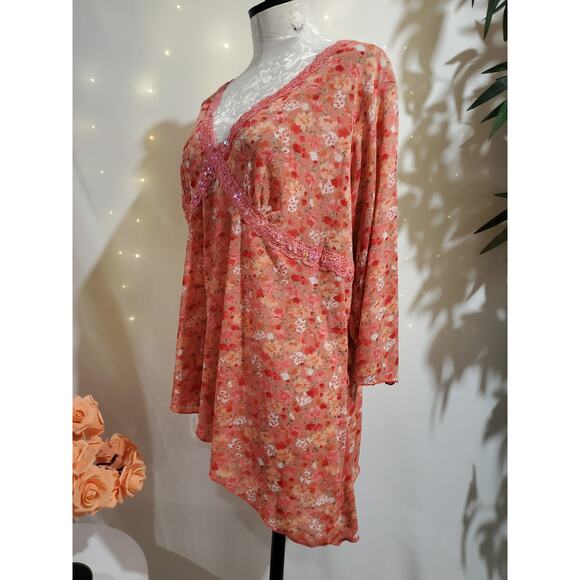 Vtg Y2K Self Esteem Womens Lace Trim Sequin Asymmetrical Babydoll Top 2X Fairy - Picture 2 of 10